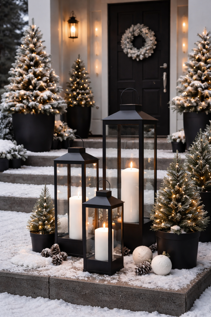 1 Moderne Outdoor-Weihnachtsdeko-Ideen in Schwarz Weiß mit schlichten Laternen
