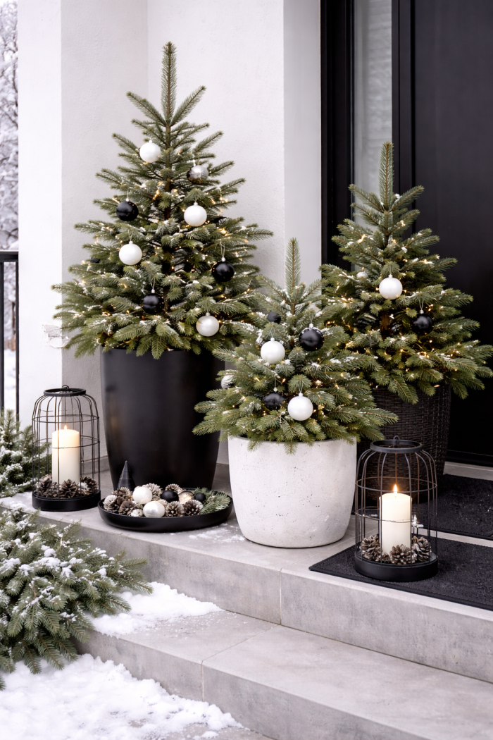 10 Moderne Outdoor-Weihnachtsdeko-Ideen in Schwarz Weiß mit Outdoor-Bäumen