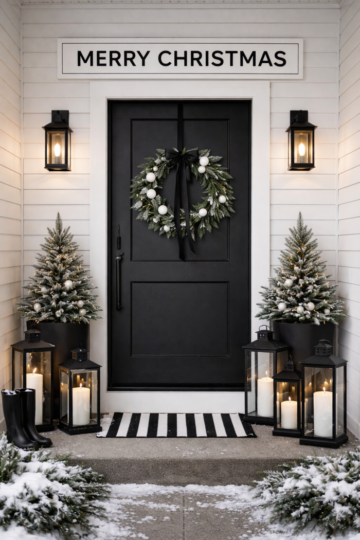 11 Moderne Outdoor-Weihnachtsdeko-Ideen in Schwarz Weiß mit Schriftzügen