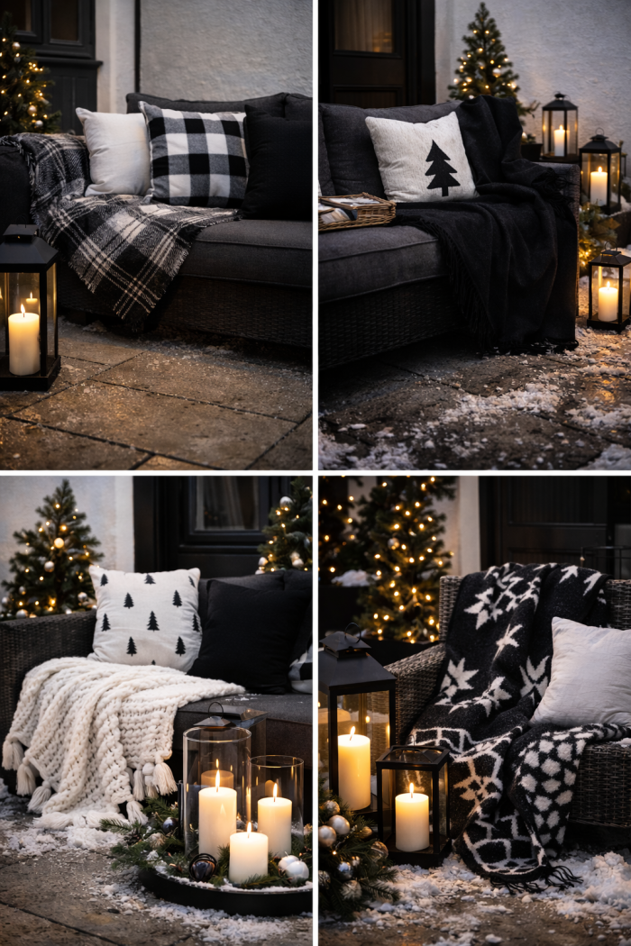 12 Moderne Outdoor-Weihnachtsdeko-Ideen in Schwarz Weiß mit Textilien