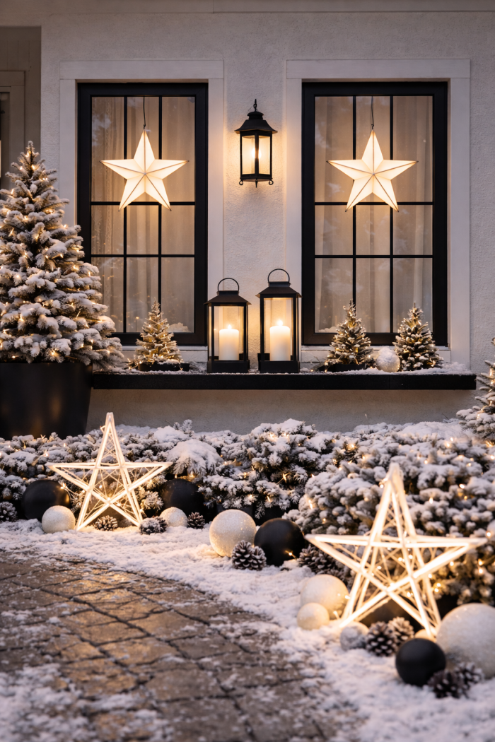 13 Moderne Outdoor-Weihnachtsdeko-Ideen in Schwarz Weiß für Fenster und Fassaden