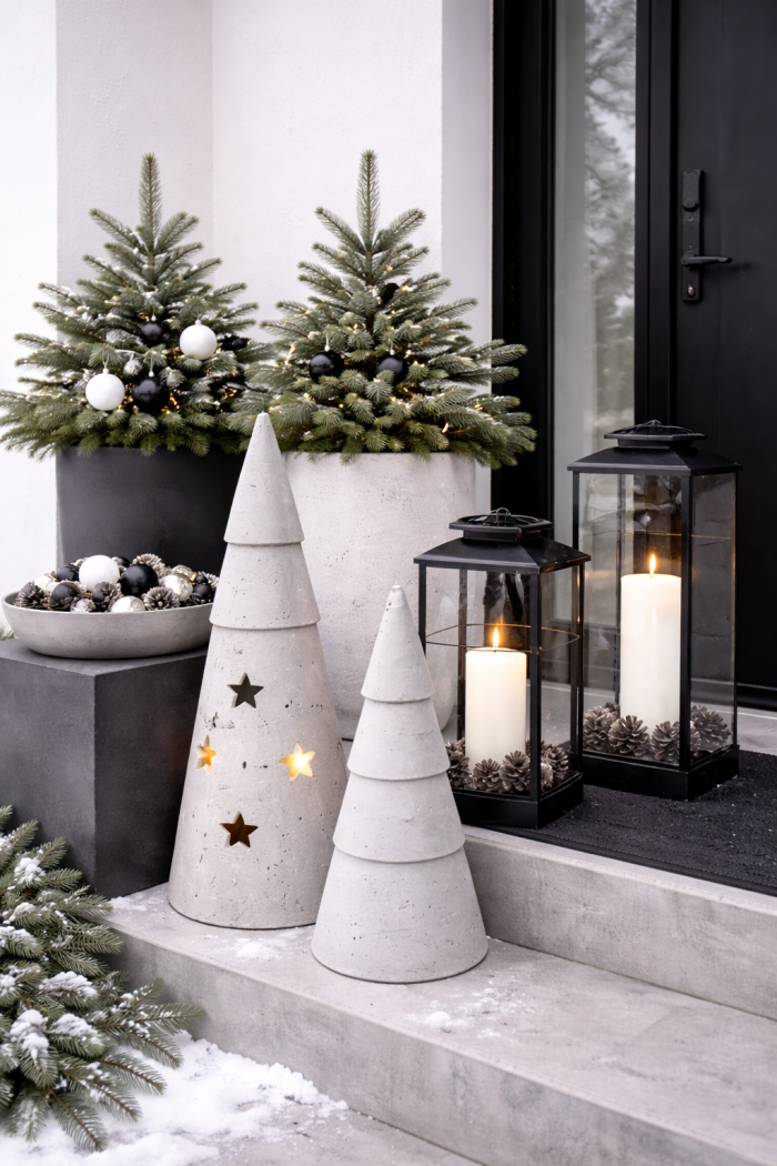 14 Moderne Outdoor-Weihnachtsdeko-Ideen in Schwarz Weiß mit Beton und Metall