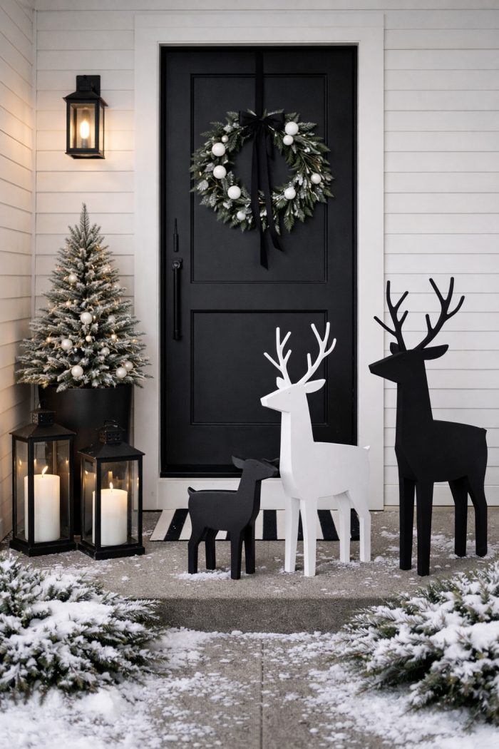 15 Moderne Outdoor-Weihnachtsdeko-Ideen in Schwarz Weiß mit reduzierten Figuren