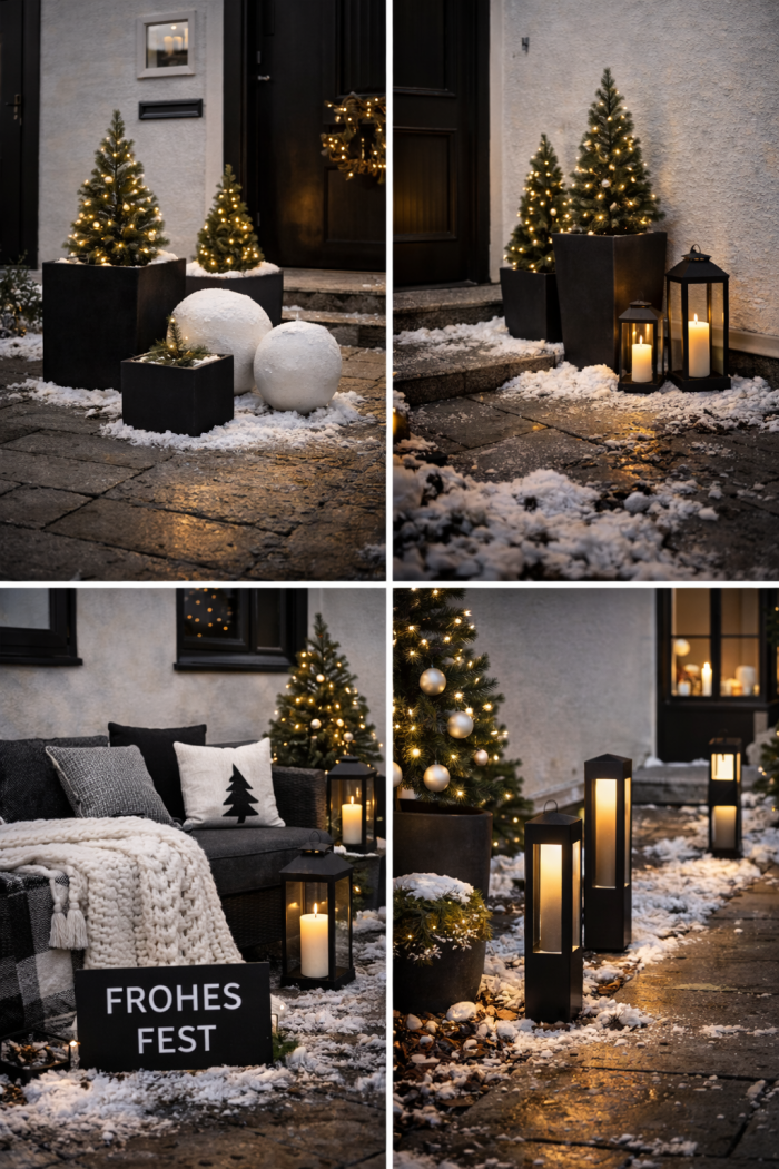 16 Moderne Outdoor-Weihnachtsdeko-Ideen in Schwarz Weiß für den Vorgarten