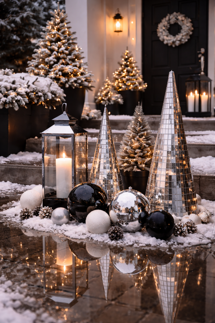17 Moderne Outdoor-Weihnachtsdeko-Ideen in Schwarz Weiß mit Spiegelungen