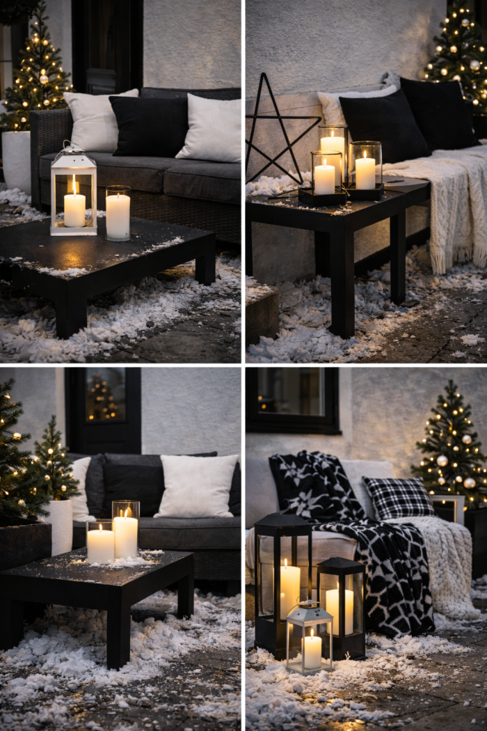 20 Moderne Outdoor-Weihnachtsdeko-Ideen in Schwarz Weiß für Sitzbereiche