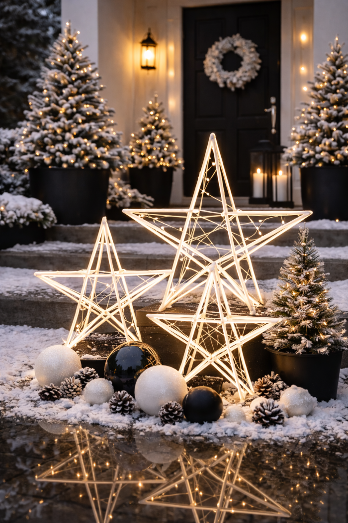 21 Moderne Outdoor-Weihnachtsdeko-Ideen in Schwarz Weiß mit minimalistischen Sternen