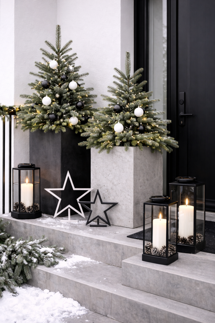 22 Moderne Outdoor-Weihnachtsdeko-Ideen in Schwarz Weiß mit klaren Linien