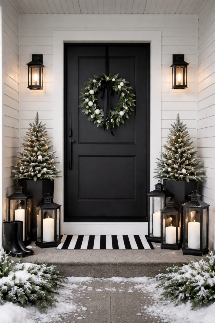 3 Moderne Outdoor-Weihnachtsdeko-Ideen in Schwarz Weiß für den Hauseingang