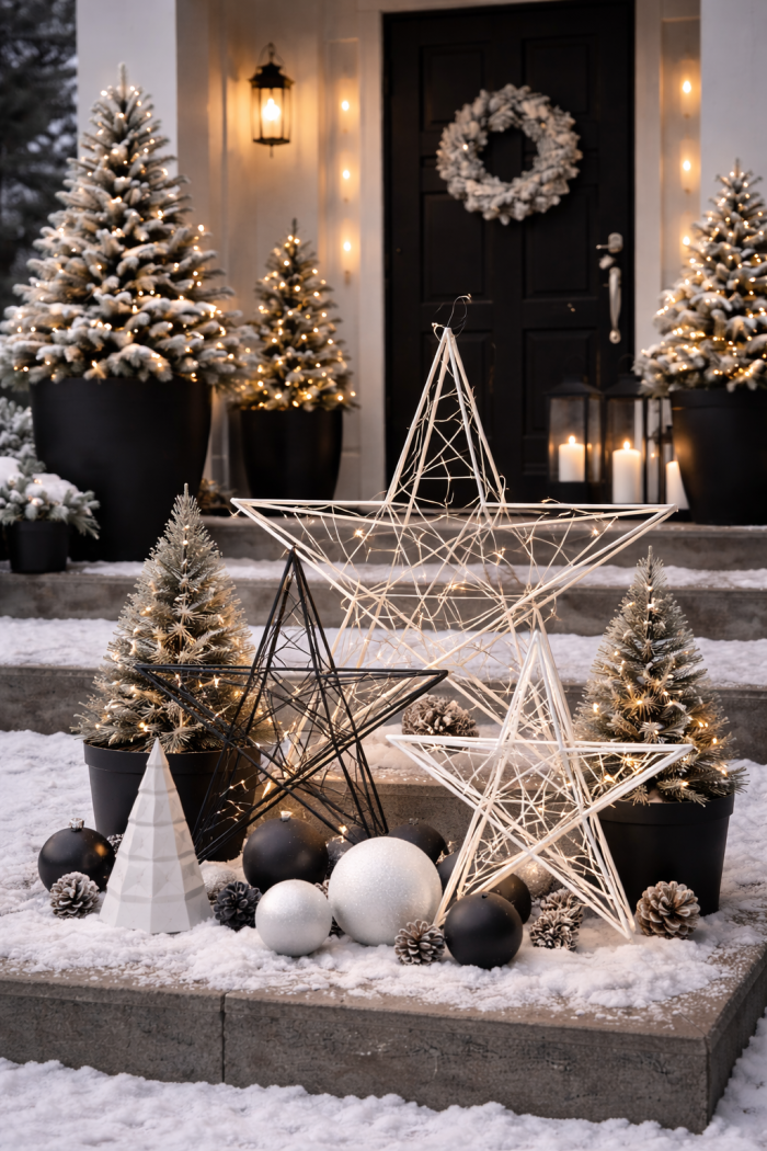 5 Moderne Outdoor-Weihnachtsdeko-Ideen in Schwarz Weiß mit geometrischen Formen