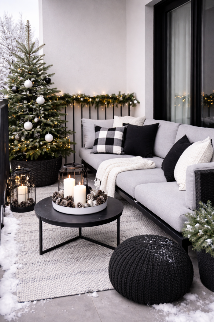6 Moderne Outdoor-Weihnachtsdeko-Ideen in Schwarz Weiß für Balkon und Terrasse