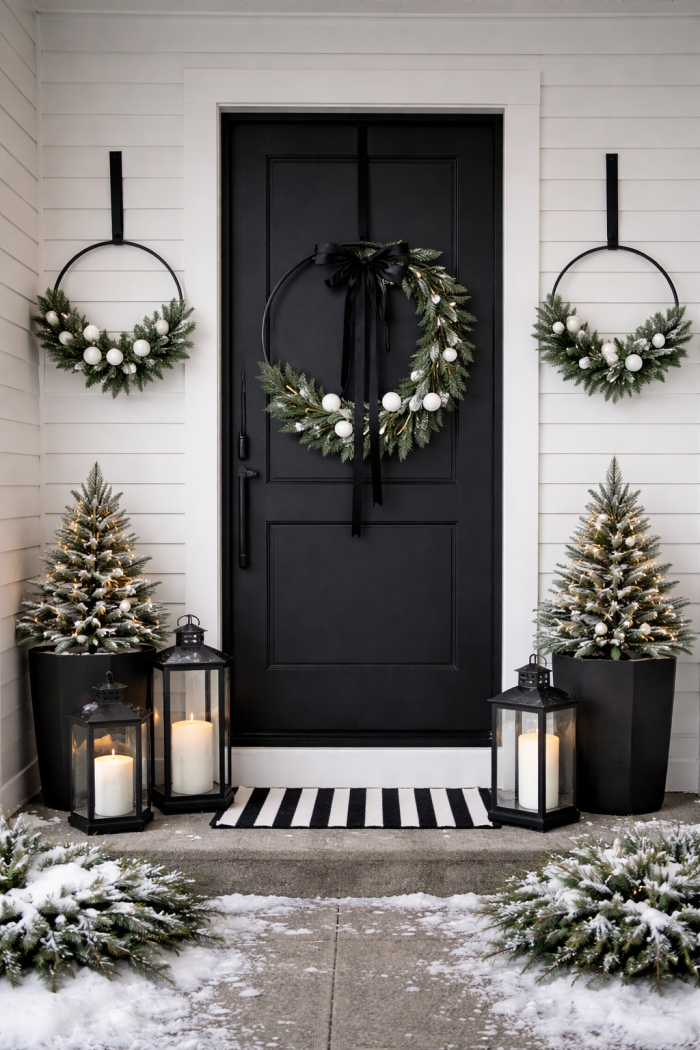 7 Moderne Outdoor-Weihnachtsdeko-Ideen in Schwarz Weiß mit minimalistischen Kränzen