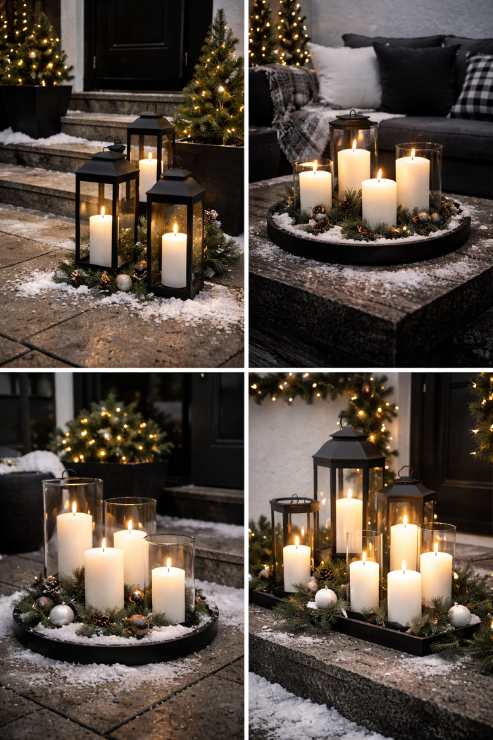 8 Moderne Outdoor-Weihnachtsdeko-Ideen in Schwarz Weiß mit Kerzeninszenierung
