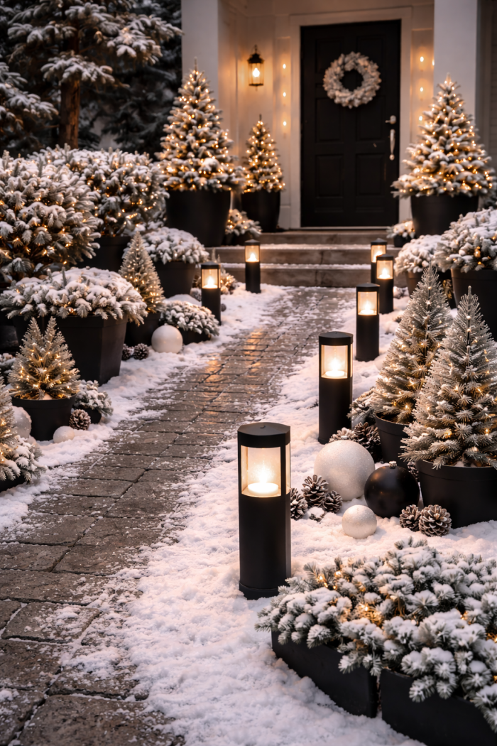 9 Moderne Outdoor-Weihnachtsdeko-Ideen in Schwarz Weiß für den Gartenweg