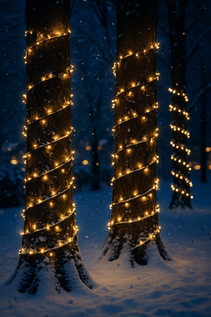 Spirallichter um Baumstämme gewickelt