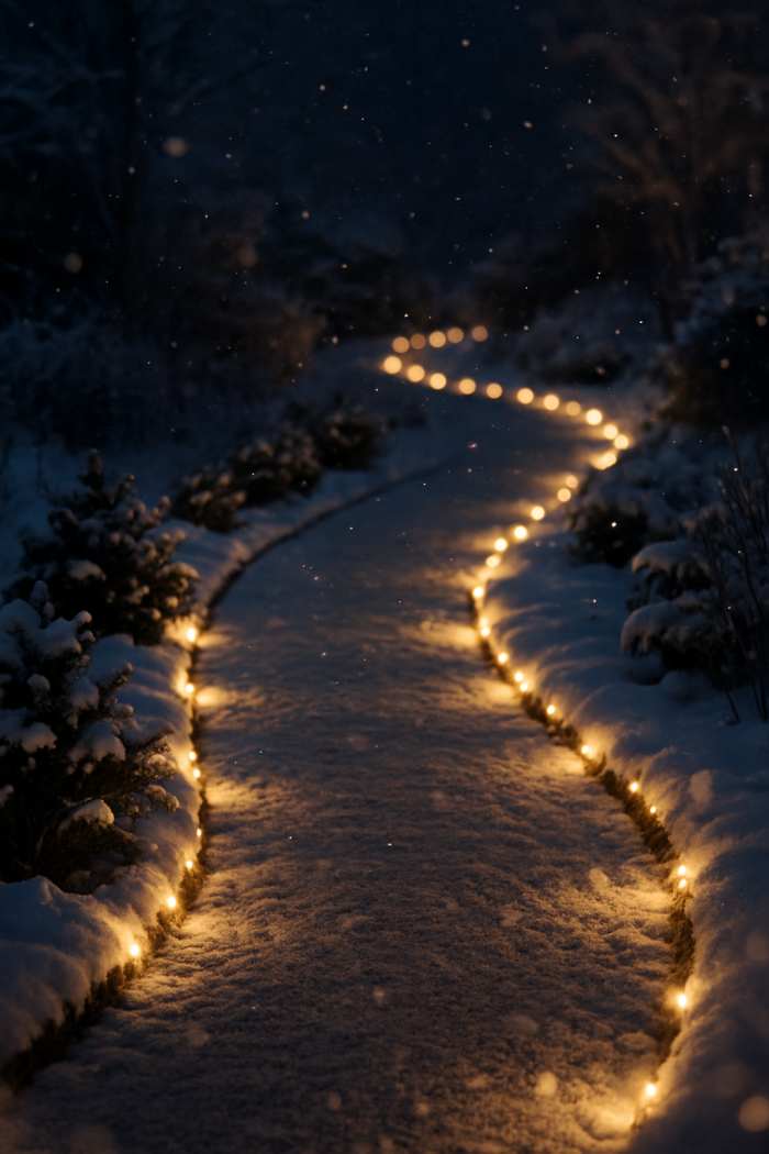 Ein leuchtender Gartenweg aus Boden-LEDs oder Lichterketten