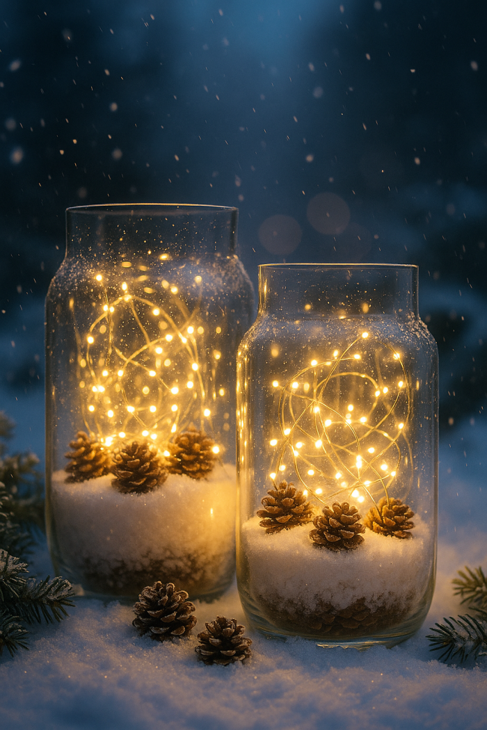 Glasvasen mit Kunstschnee + Lichterkette