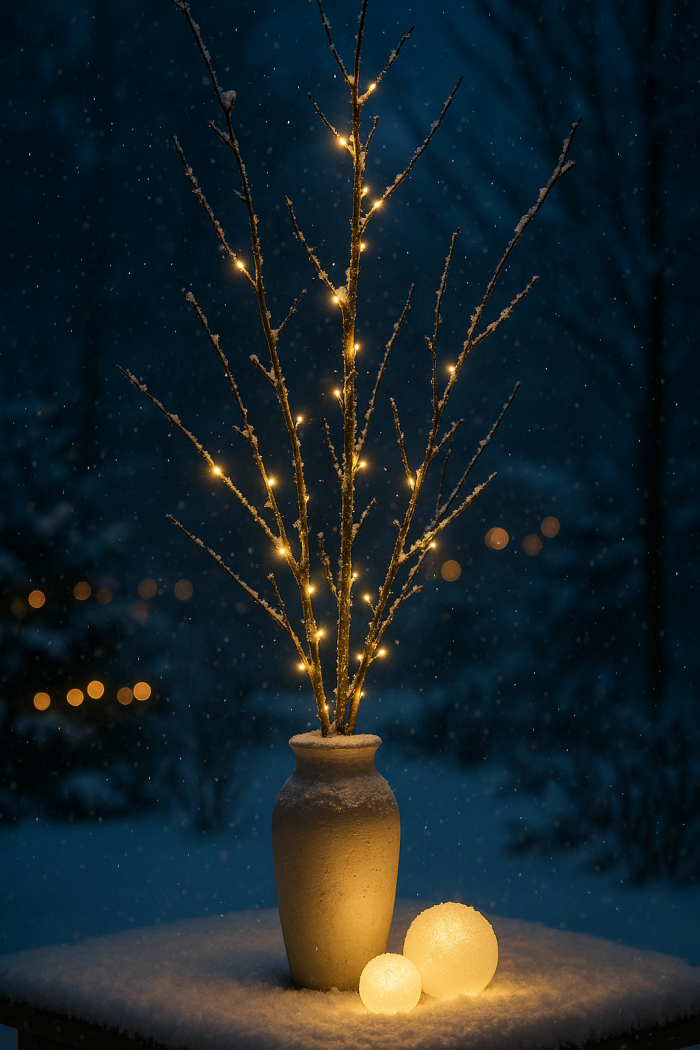 Leuchtende Äste in einer hohen Vase