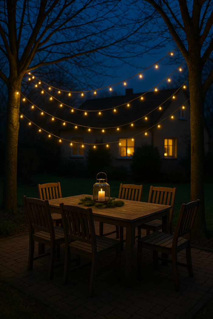 Lichterkette über dem Gartentisch – Winter-Baldachin