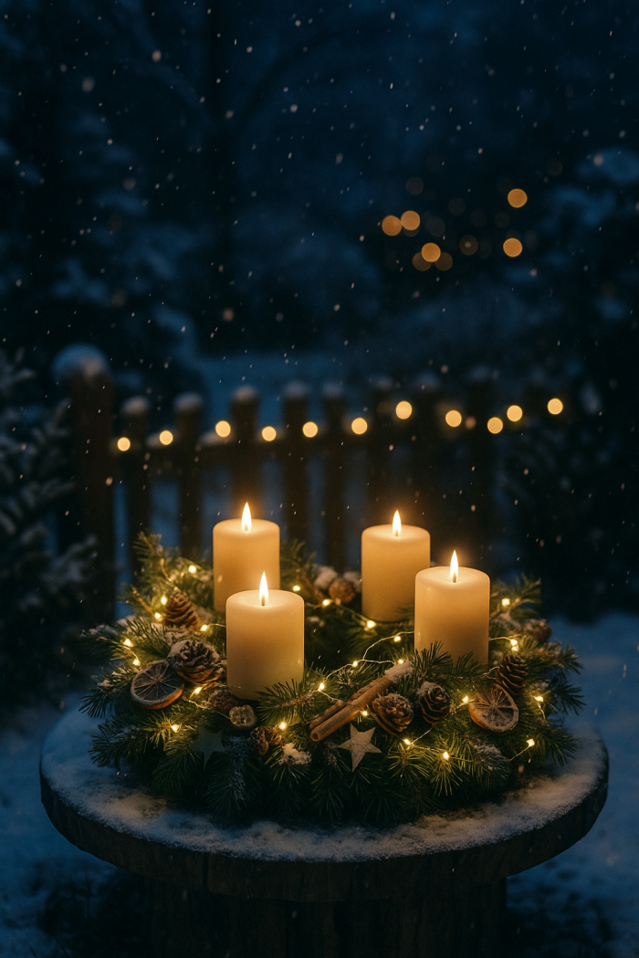 Outdoor-Adventskranz mit Lichtern