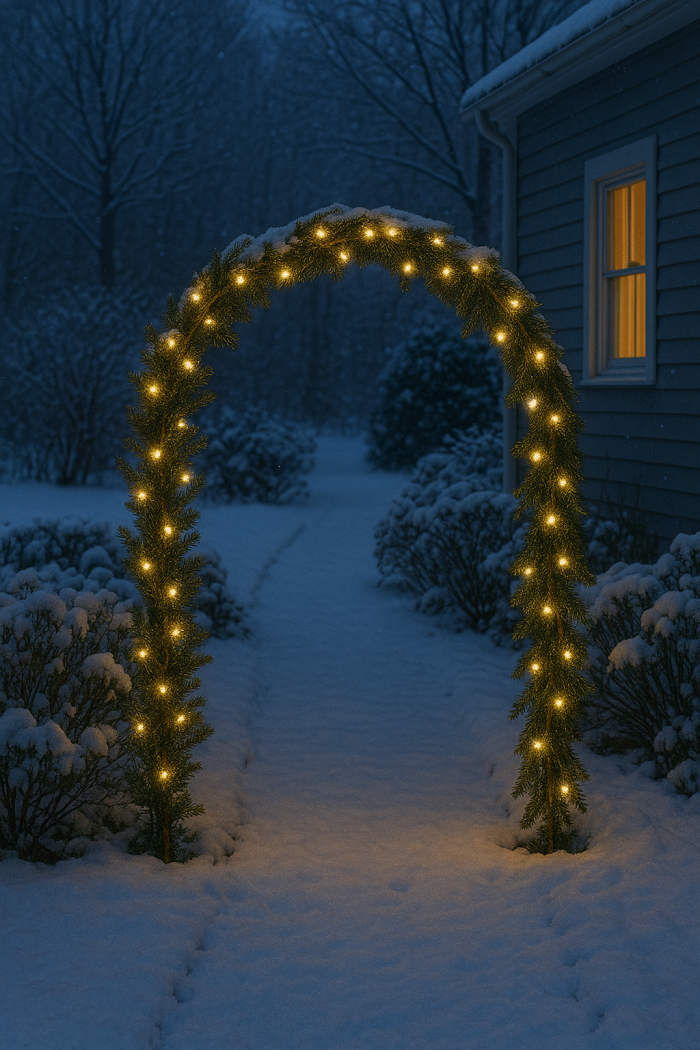 Weihnachtsbogen aus Zweigen und Lichtern