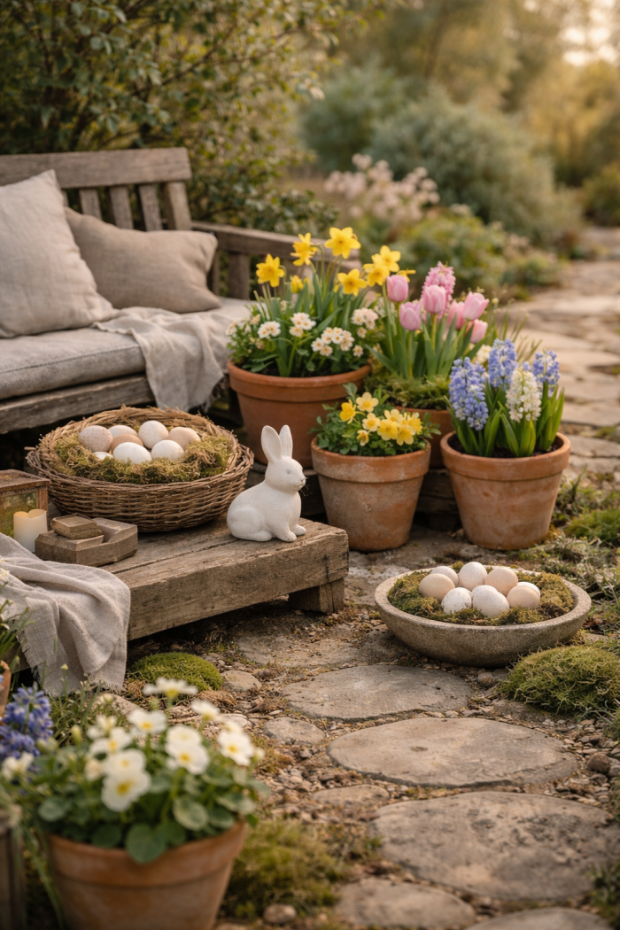Platz 1 – Natürliche Osterdeko Garten mit Frühlingspflanzen und Naturmaterialien