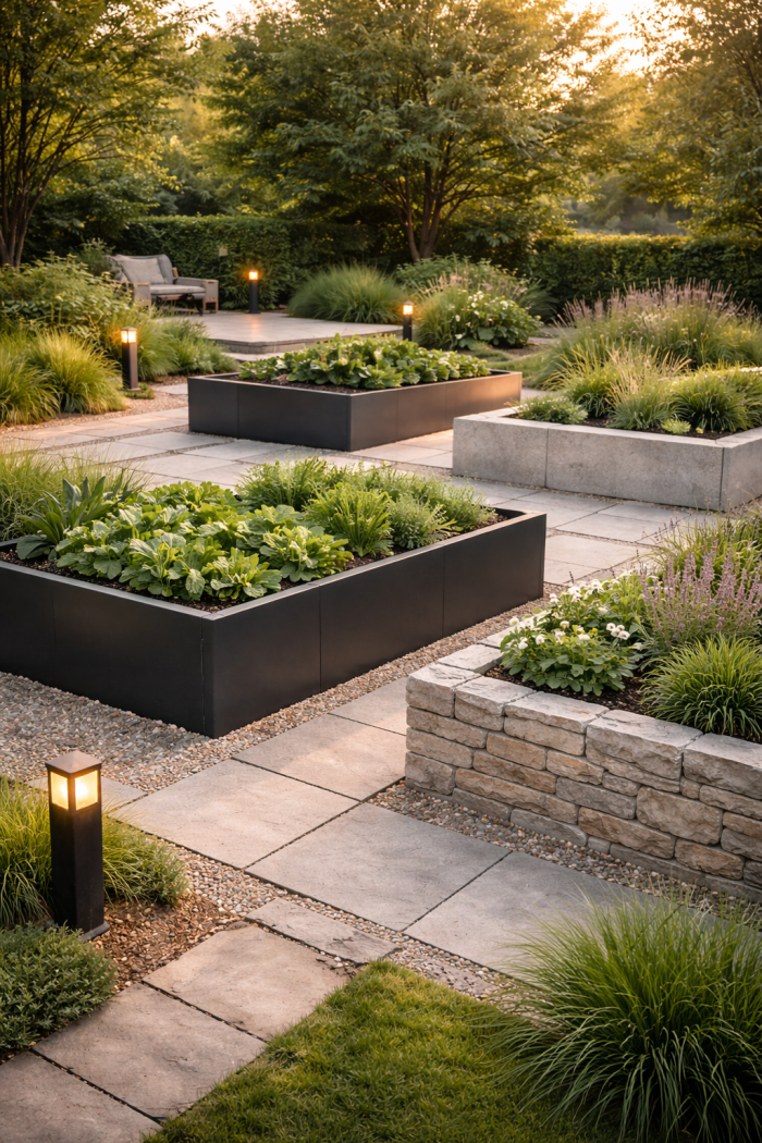 Platz 3 – Natürliche Hochbeete Gartengestaltung mit Holz und organischen Formen 🌳