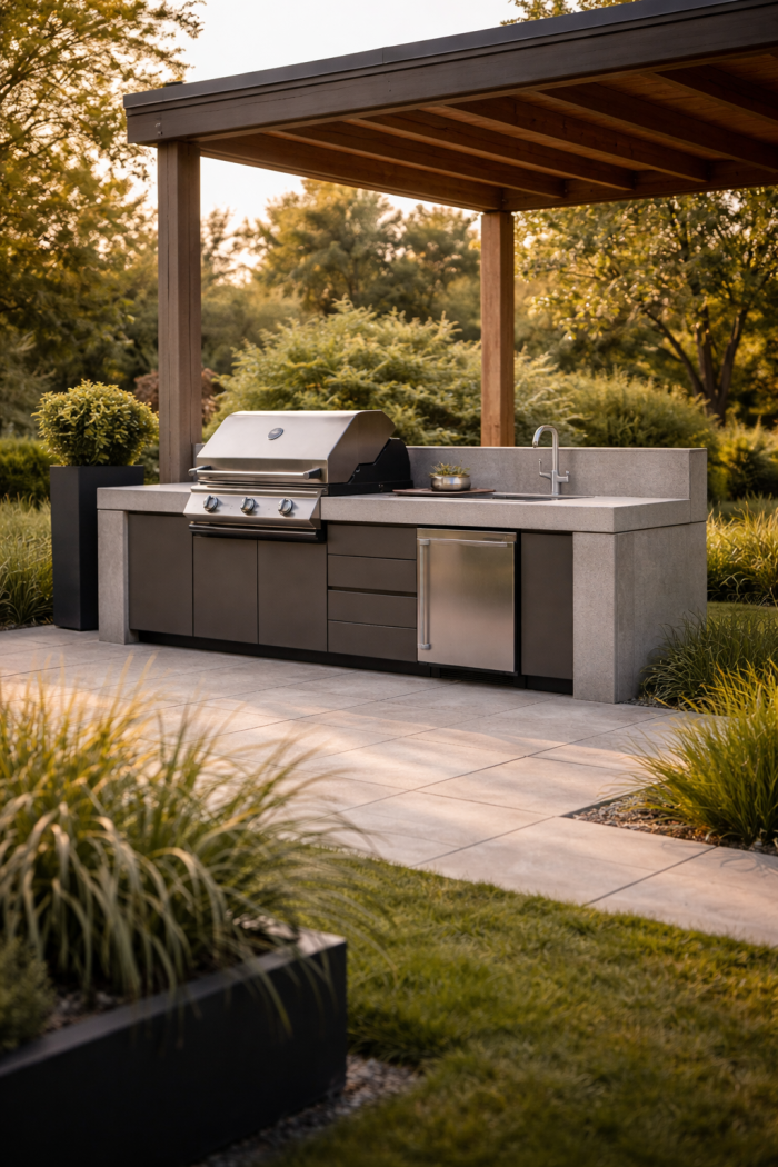 Platz 1 – Moderne grillecke garten mit klaren Linien und integrierter Outdoor Küche