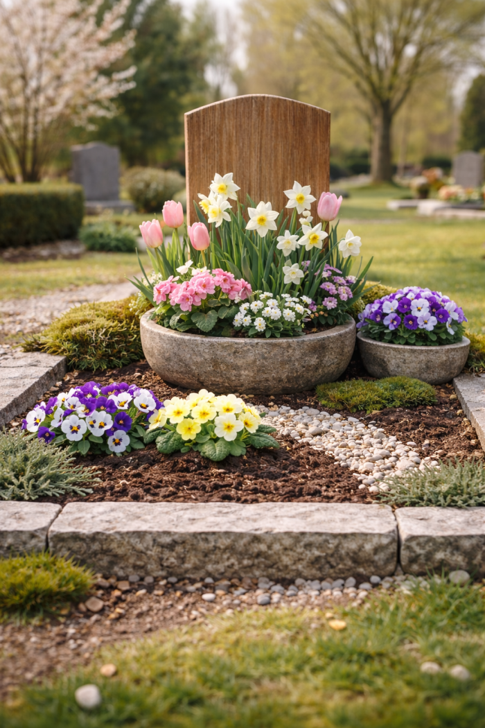 Platz 1 Grabgestaltung Frühjahr mit klassischen Frühlingsblumen