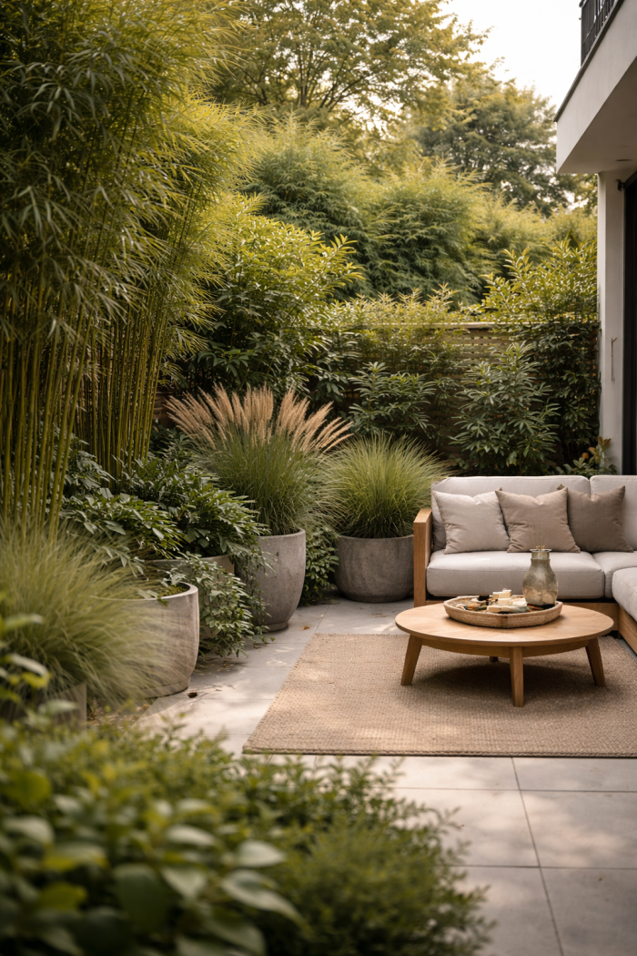 Platz 1 Sichtschutz Terrasse mit Pflanzen natürlich lebendig und zeitl