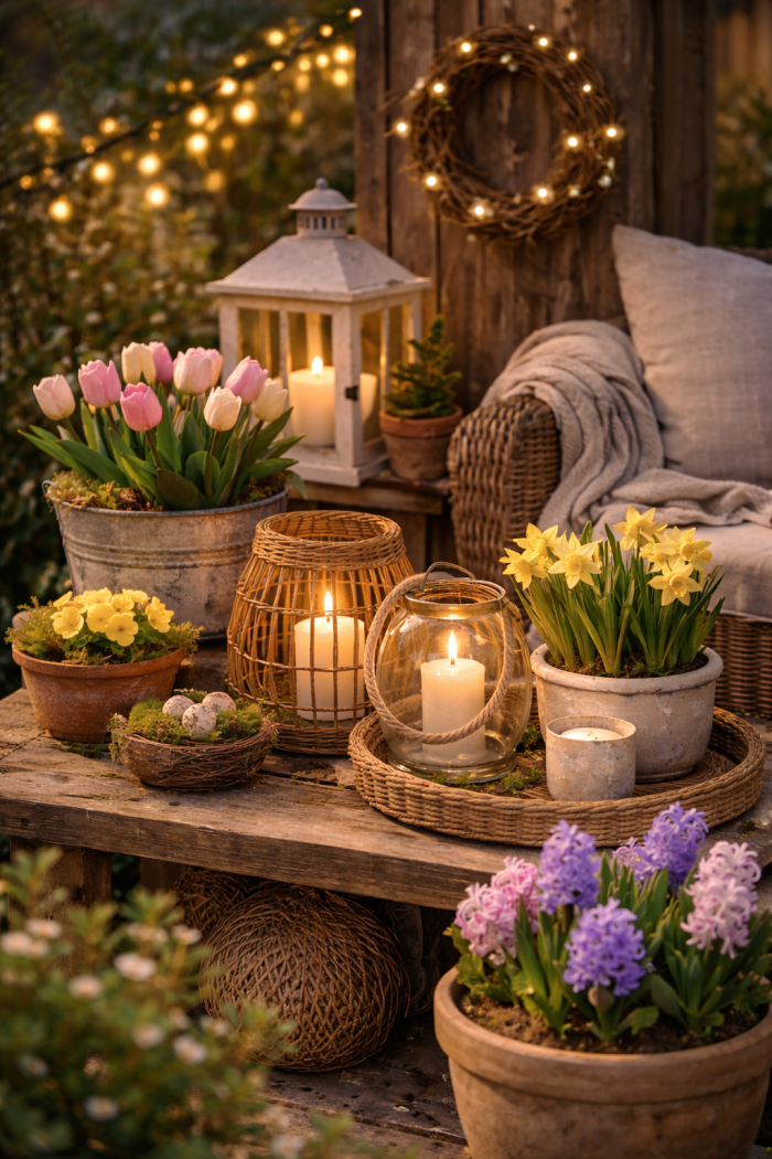 Platz 2 Deko Frühling draußen mit Laternen Lichtern und stimmungsvollen Akzenten