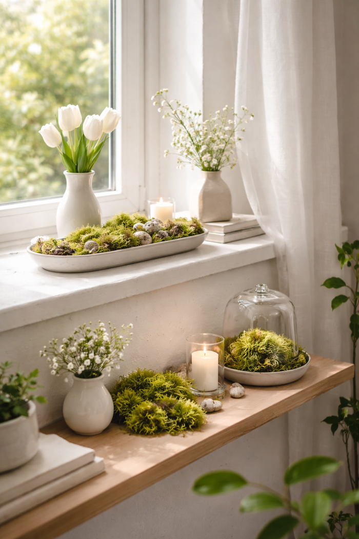 Platz 2 – Moos Dekoration Frühling auf Fensterbank und Regal für frische Akzente