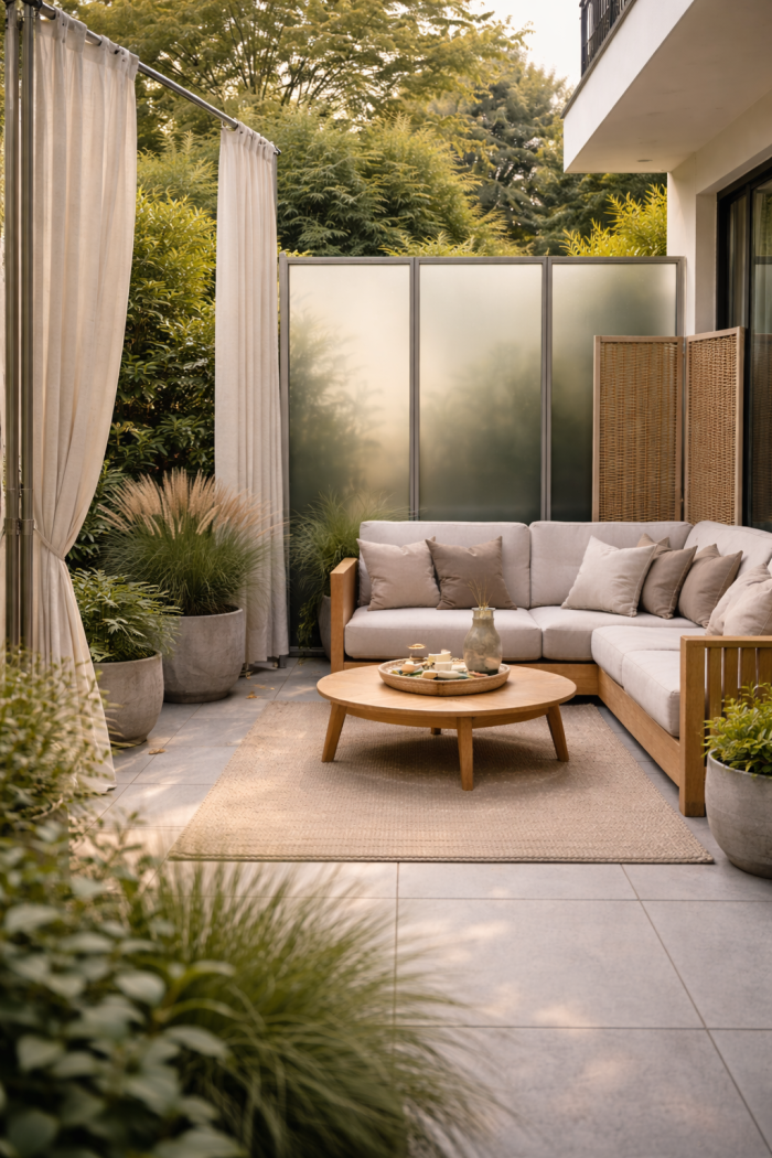 Platz 3 Flexible Sichtschutz Terrasse mit Stoff Glas und mobilen Elementen