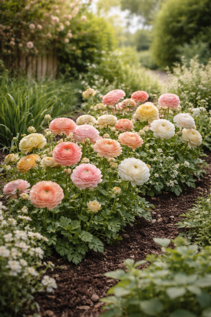 Platz 3 Ranunkeln im Gartenbeet als Farbhighlight