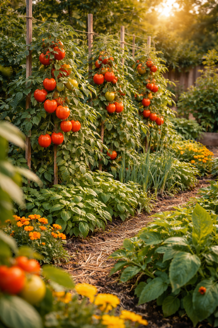 Platz 3 Tomaten Garten im Mischkultur System für natürliche Schädlingsabwehr