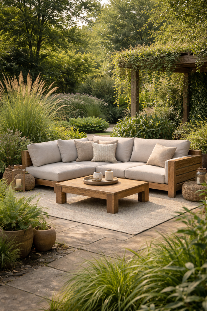 Platz 3 – Die natürliche Loungeecke Garten mit Holz und Grün