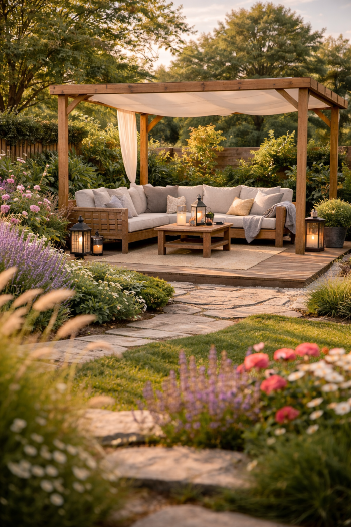 Platz 1 Gartengestaltung Ideen mit gemütlicher Garten Lounge Oase