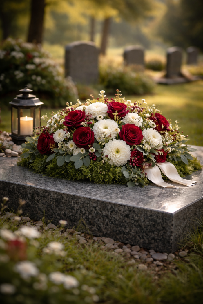 Platz 1 Grab Gestecke mit klassischen Rosen und edlen Blumen 