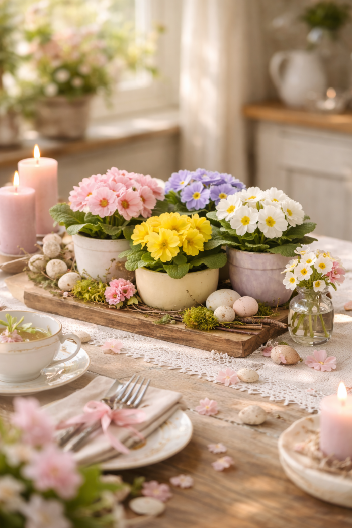 Platz 1 Primeln Deko Tisch im romantischen Frühlingsstil