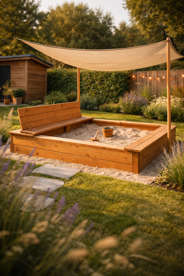 Platz 1 Sandkasten Garten mit Sonnensegel und integriertem Sitzrahmen