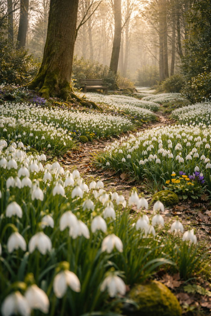 Platz 1 Schneeglöckchen Garten Ideen als natürlicher Blütenteppich unter Bäumen