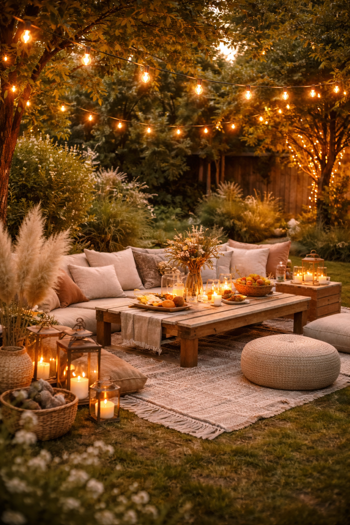 Platz 1 Sommerfest Garten im Boho Stil mit Lichterzauber und Picknick Atmosphäre