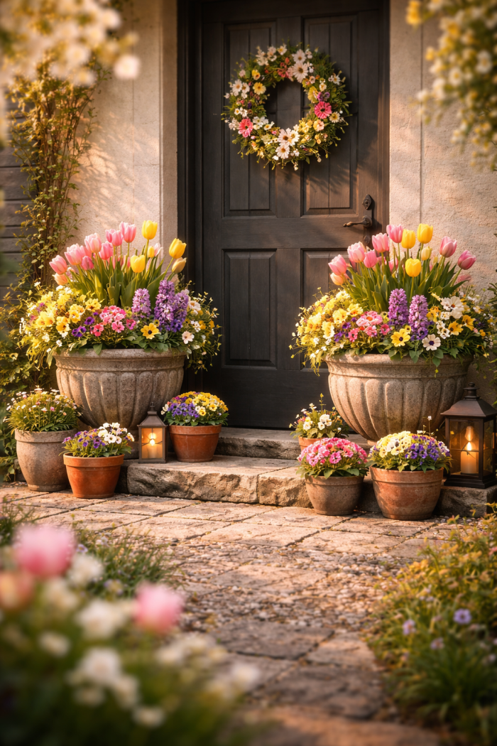 Platz 1 frühlingsbepflanzung hauseingang mit üppigen Blumentöpfen 