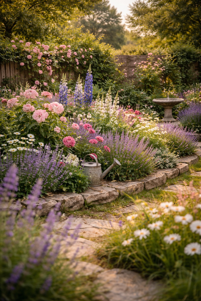 Platz 2 Gartengestaltung Ideen mit natürlichem Blumenbeet im Cottage Stil