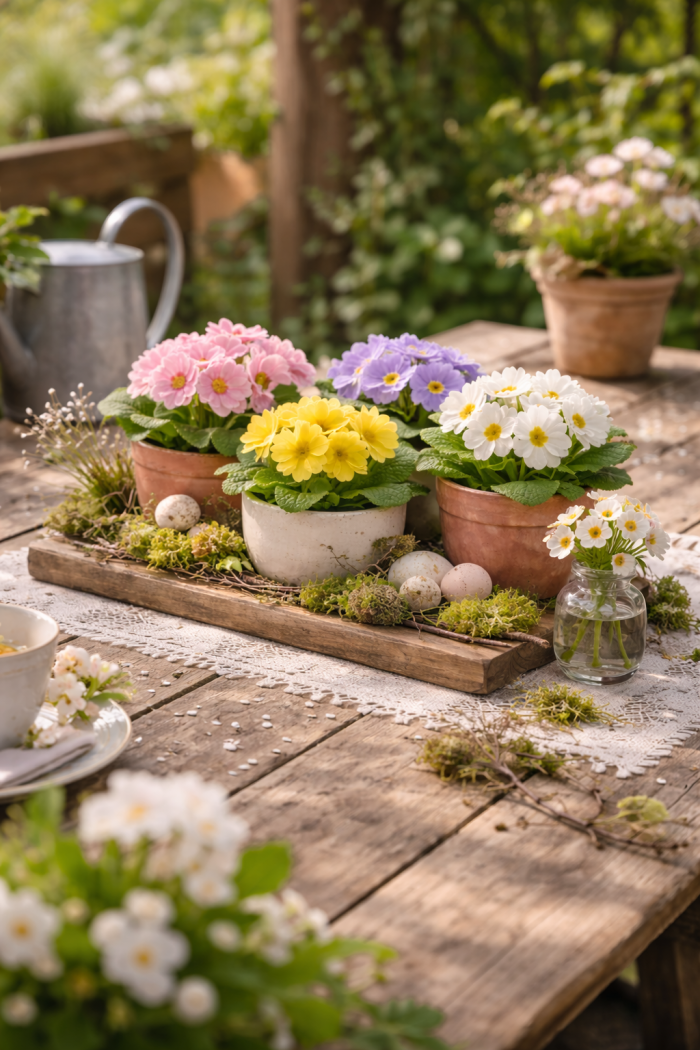 Platz 3 Primeln Deko Tisch im natürlichen Gartenstil