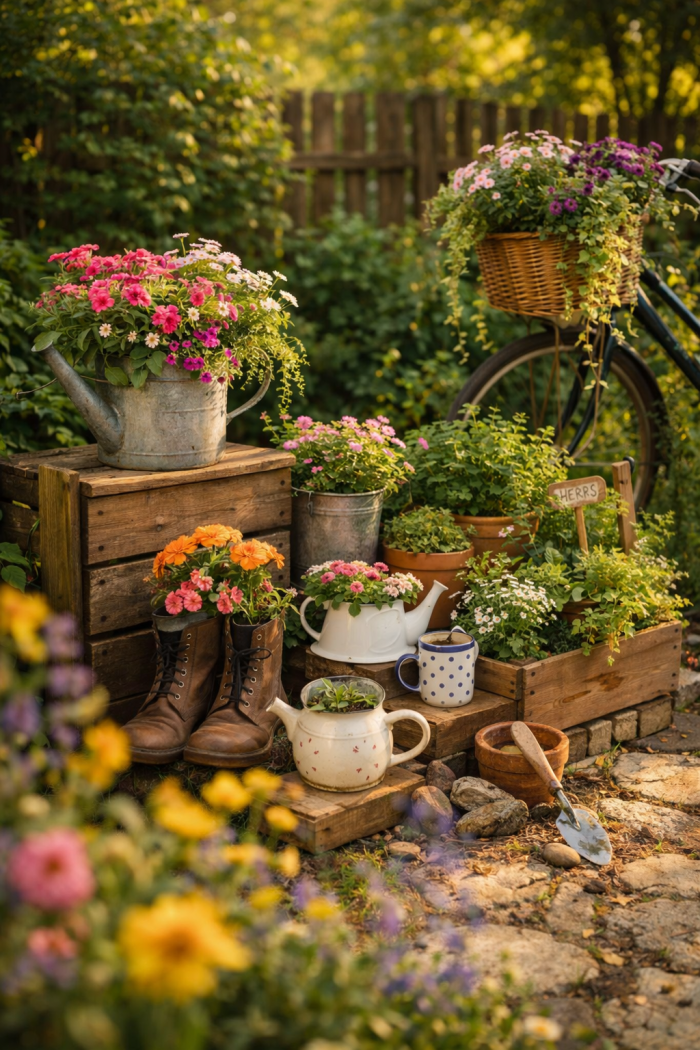 Platz 3 kreative garten ideen diy mit dekorativen Pflanzgefäßen aus Alltagsgegenständen