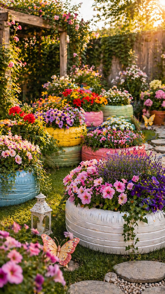 Platz 1 Autoreifen Garten als farbenfrohes Blumenparadies