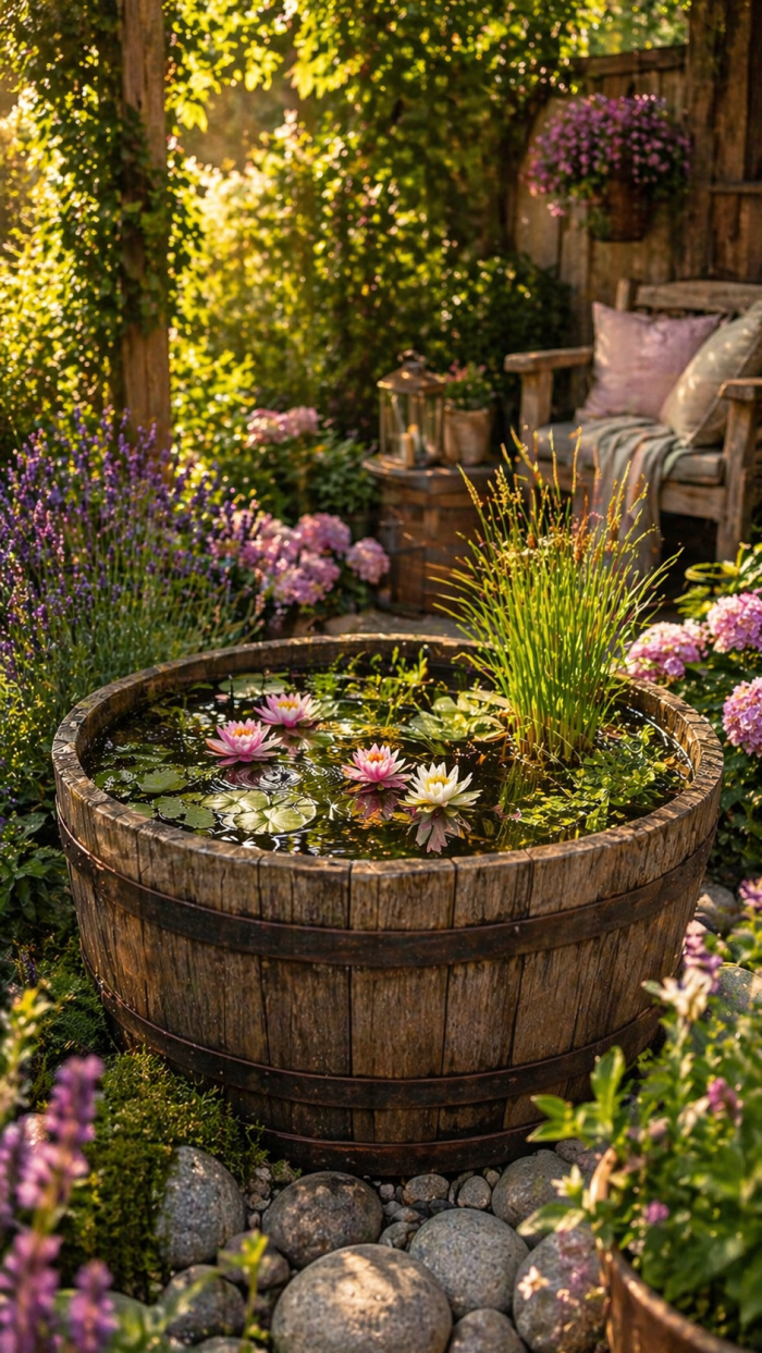 Platz 1 Der rustikale Holzfass Mini-Teich