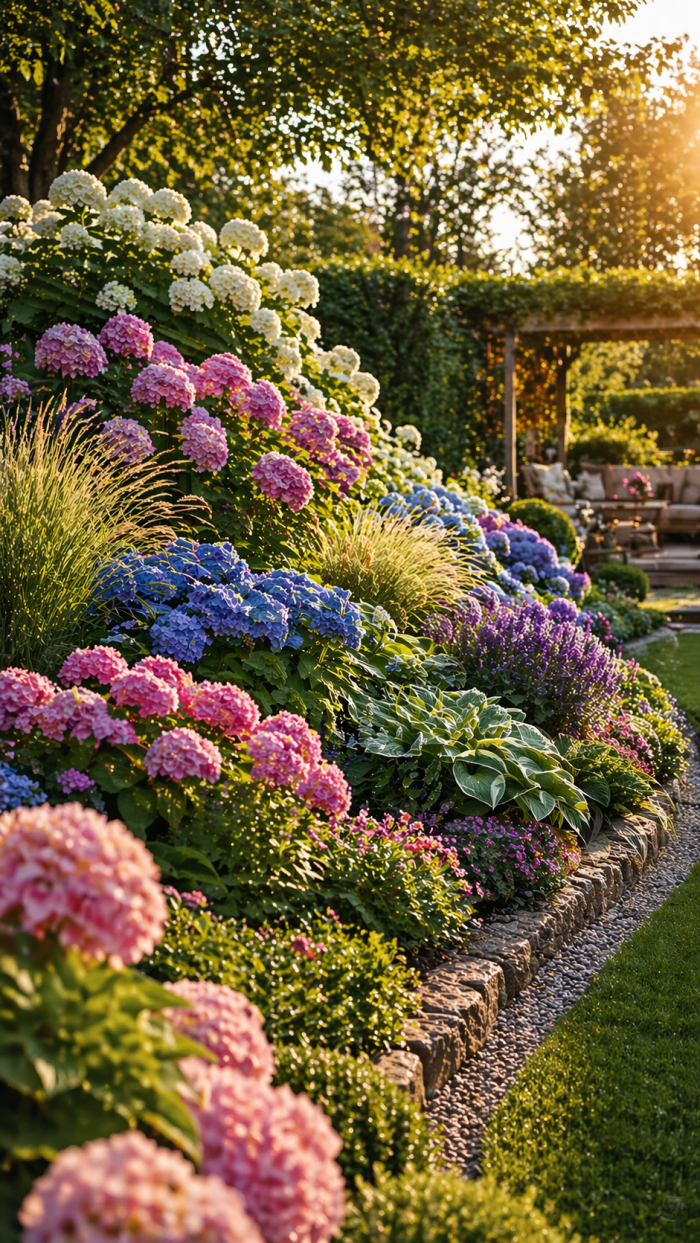Platz 1 Elegantes Schichtbeet mit Hortensien
