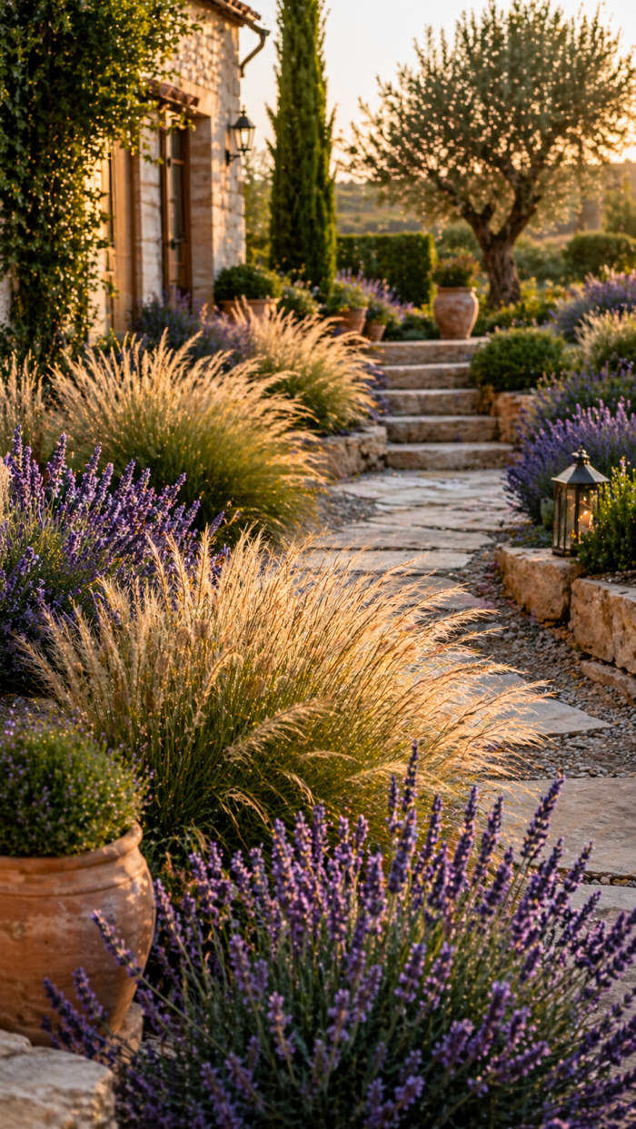 Platz 1 Federgras kombinieren mit Lavendel und Naturstein